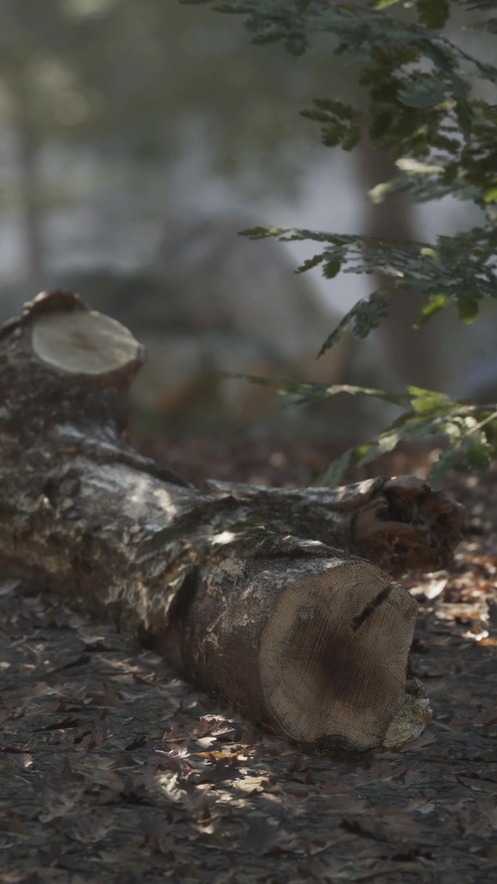 Tronco di legno sul suolo della foresta con fogliame e luce solare sullo sfondo.