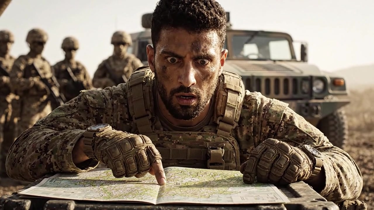 A Soldier Analyzing a Map in the Field: Intense Focus and Strategic Planning Amidst Military Operations and Tactical Situations