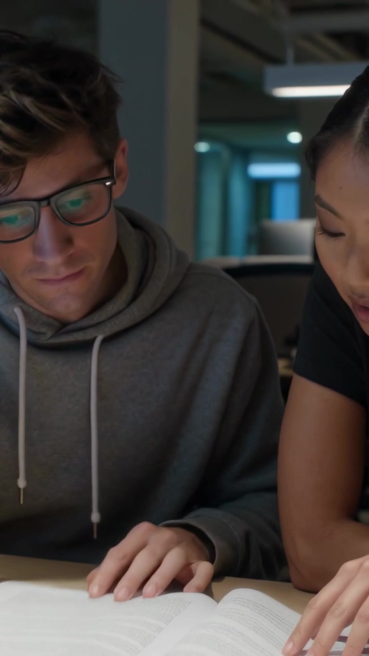 Vertical video: Flipping pages man in gray hoodie and woman in dark top reviewing book in office