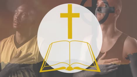 animation of bible icon over diverse sportsmen with hands on chest and cross