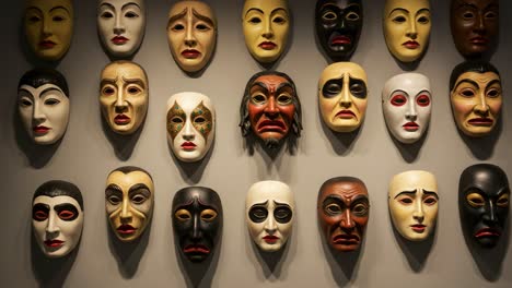 a captivating collection of traditional masks displayed on a wall, showcasing diverse emotions and cultural heritage in a unique artistic arrangement