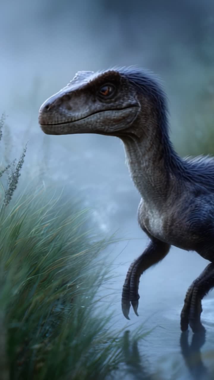 En fantastisk realistisk visualisering av en dinosaur i et tåkete landskap, som fanger naturens intrikate detaljer og forhistorisk livs majestet i levende detaljer.
