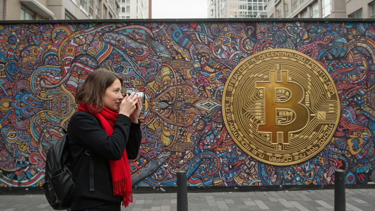 A Young Woman Captures the Vibrant Street Art Featuring Bitcoin Symbol Amidst a Colorful Urban Mural in a Lively City Environment