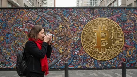 a young woman captures the vibrant street art featuring bitcoin symbol amidst a colorful urban mural in a lively city environment