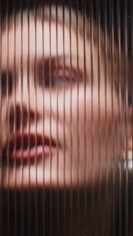 close-up of a woman's face through a textured surface