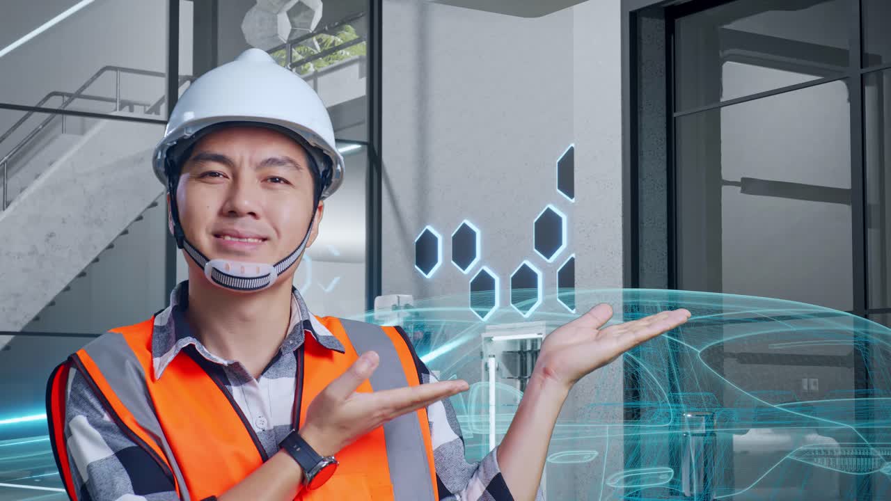 현대적인 사무실에서 가상 자동차 디자인을 제시하는 엔지니어