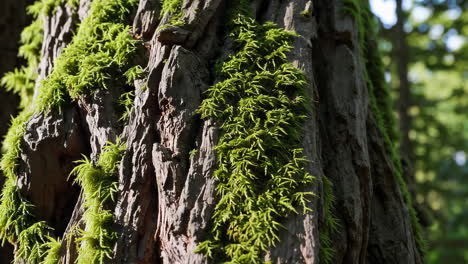 close-up of a tree trunk covered in vibrant green moss