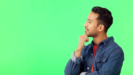 thinking, face and man with idea in green screen