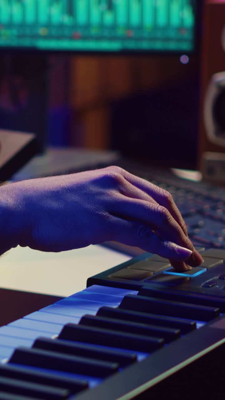 Musician's Hand Adjusting Sound Mixer and Playing MIDI Keyboard in Studio