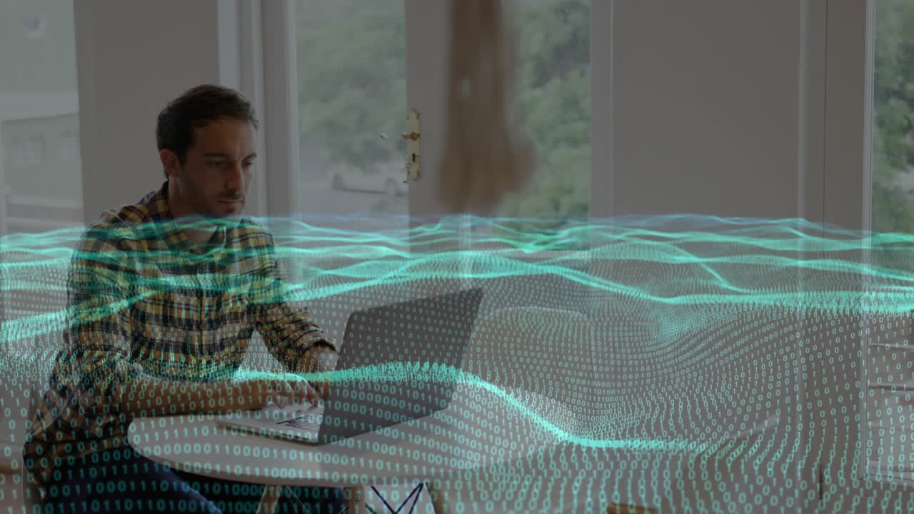 Man typing on laptop, initiating teal waveform overlay revealing data during remote tech work