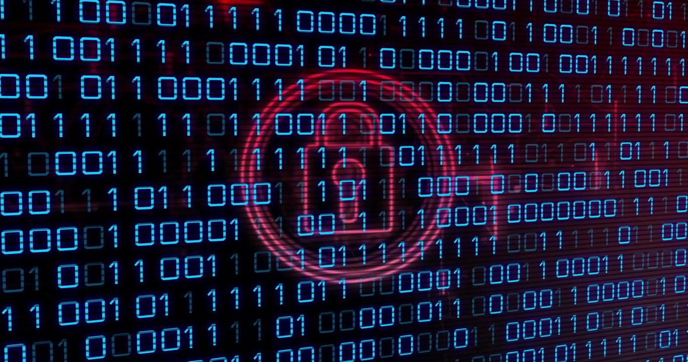Cyan-blue binary grid revealing faint red circle, padlock forming and pulsing to show data security