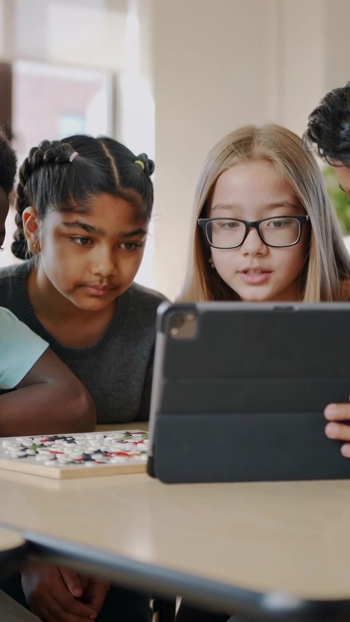 Vertical video: Holding tablet, adult guiding kids for learning at school table, viewing puzzle