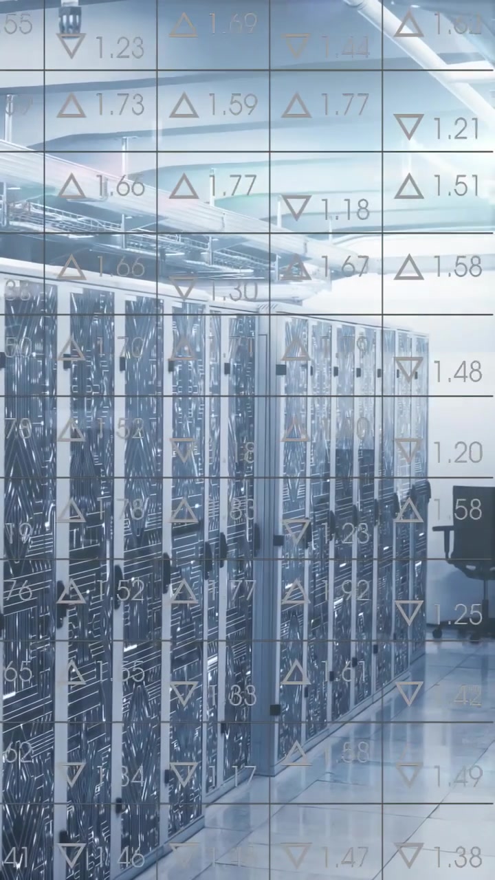 Vertical video: Camera tracking DC aisle, showing server racks, cabling, overlay monitoring metrics