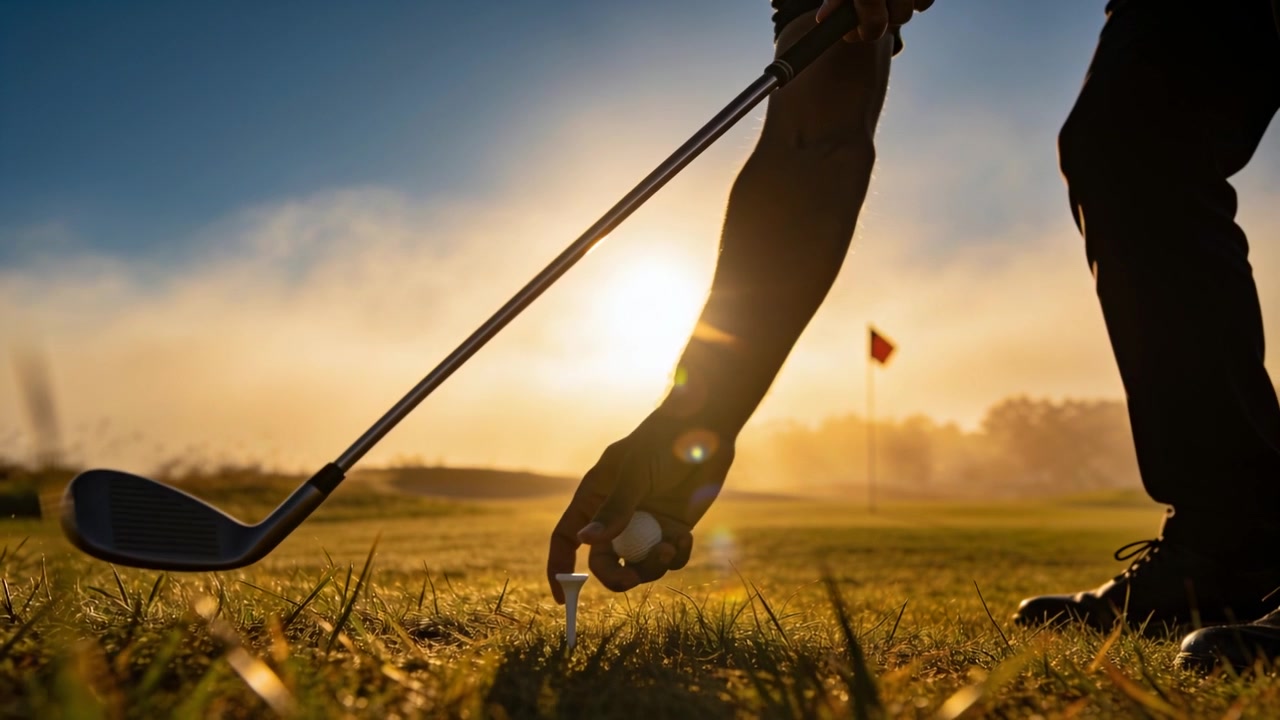 Mannelijke golfer in donkere broek bereidt zich voor op een slag bij zonsopgang, waarbij hij club en bal op de tee uitlijnt.