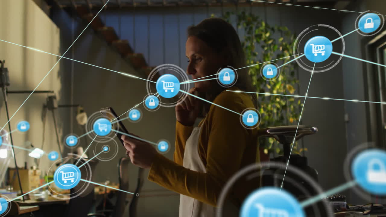 Using smartphone, woman surrounded by online shopping and security icons animation