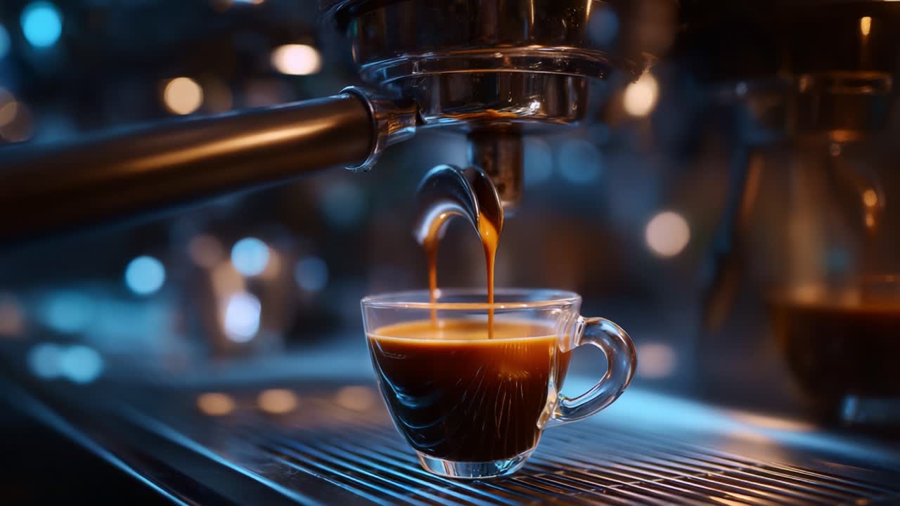Bryggekunsten: Fang øjeblikket, hvor en fyldig espresso langsomt hældes i en perfekt klar kop og skaber en visuel symfoni af aroma og smag.