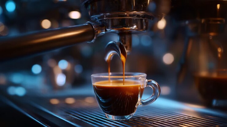 L'arte della preparazione: cattura il momento in cui un ricco espresso si versa lentamente in una tazza perfettamente trasparente, creando una sinfonia visiva di aroma e sapore