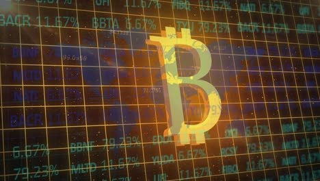 Stock-market-data-processing-over-grid-against-golden-bitcoin-symbol