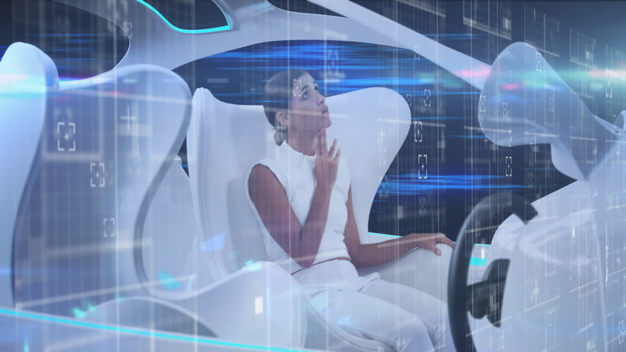 animación de una mujer usando una tableta sentada en un vehículo y procesamiento de datos