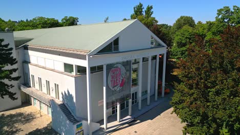 event hall in mistelbach, niederösterreich, austria - aerial pullback