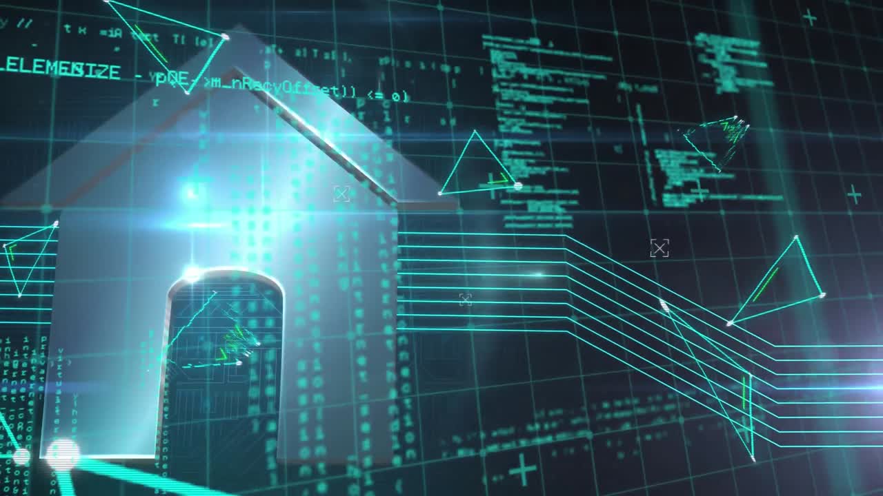 animazione di un'icona di casa con dati e informazioni in movimento su una griglia