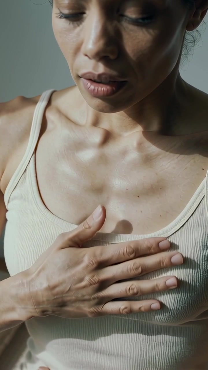 Video vertical: Mujer meditando con camiseta de canalé moviendo la mano derecha hacia abajo por el pecho en casa, la cámara se aleja