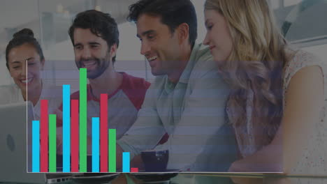 Animation-of-statistical-data-processing-over-diverse-colleagues-using-laptop-and-smiling-at-office