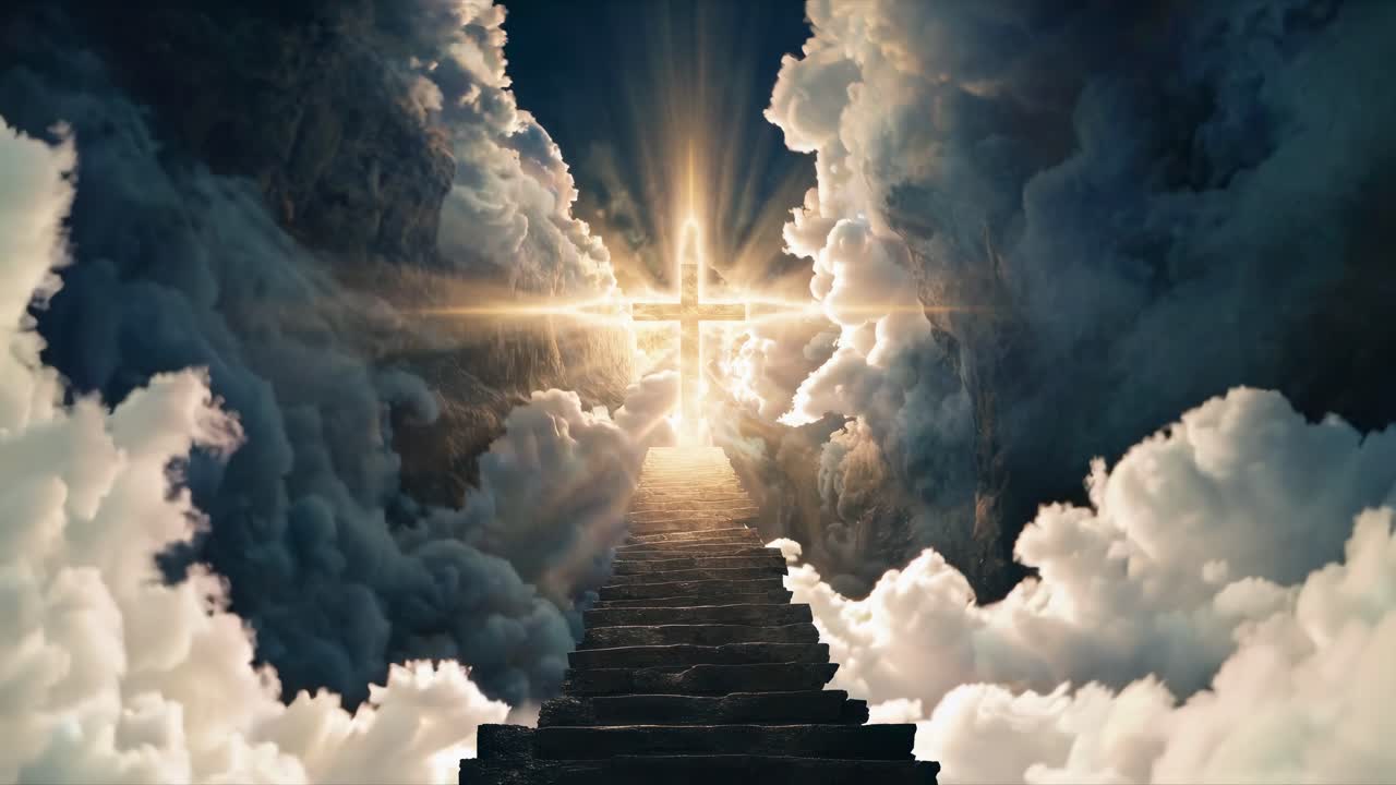 A heavenly scene with a cross glowing through clouds, viewed from a low angle
