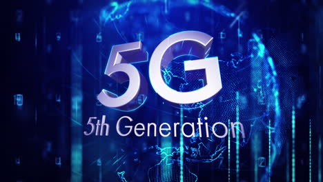 texto de 5g y múltiples números flotando contra el globo giratorio y ondas digitales en fondo azul