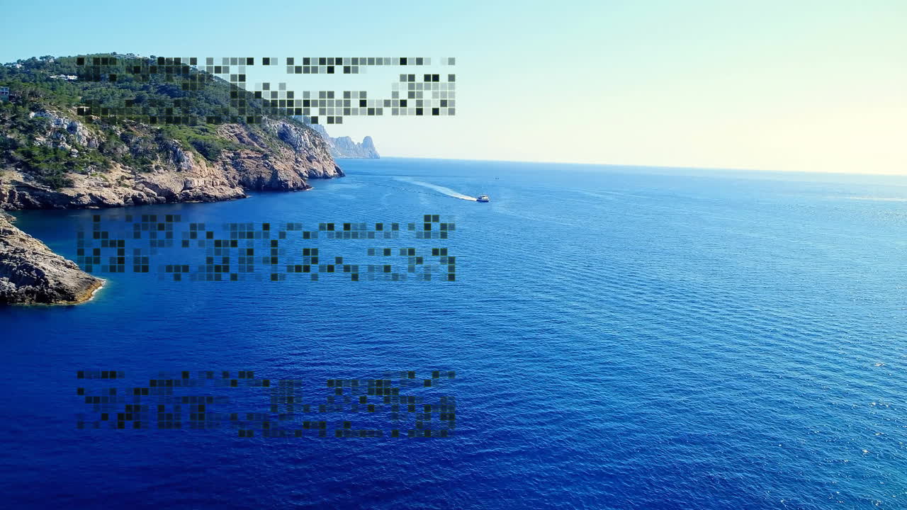 Animation of boat on blue ocean with pixelated text, coastal landscape background