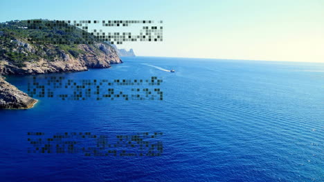 animation of boat on blue ocean with pixelated text, coastal landscape background