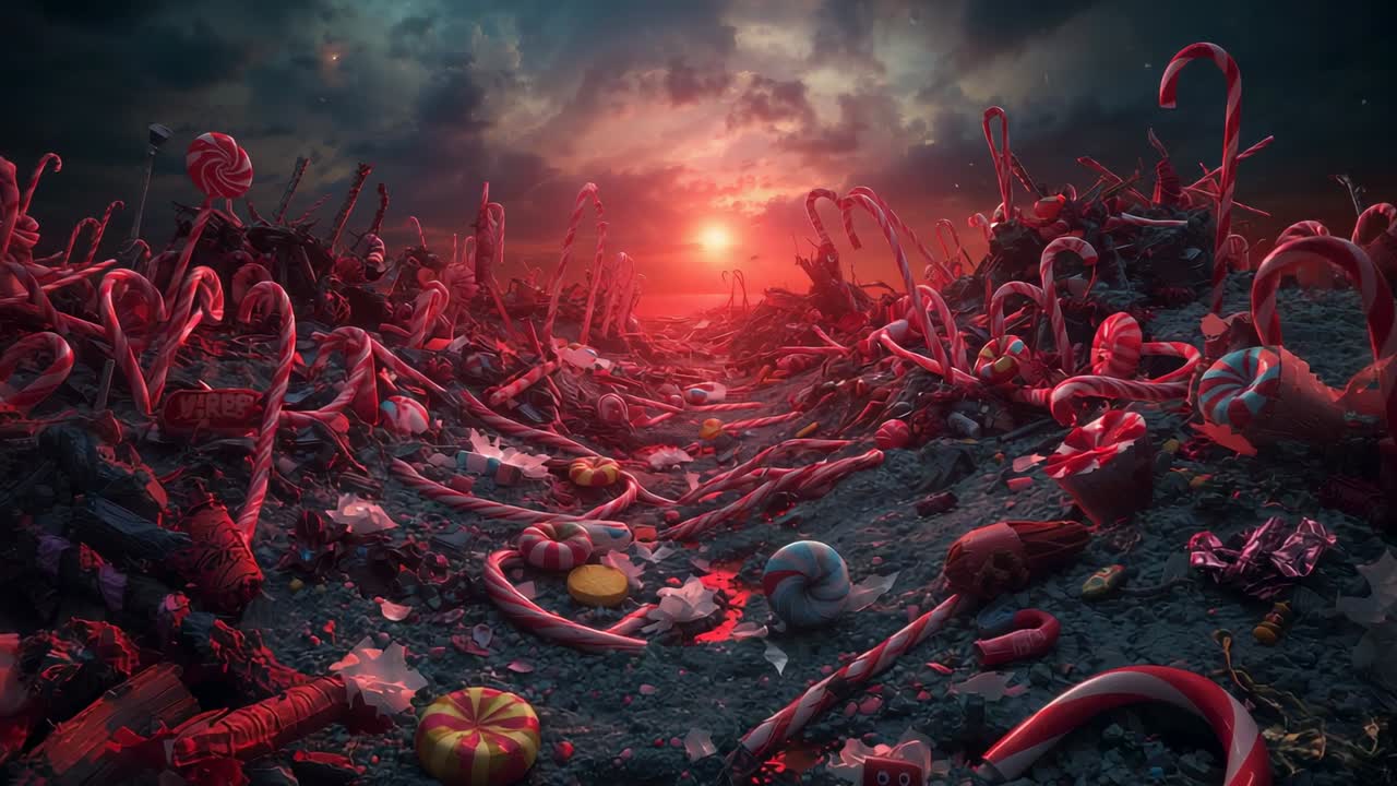 Drifting camera forward capturing candy debris valley under red dusk with broken canes and wrappers
