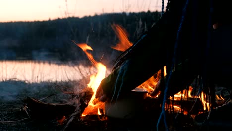 burning bonfire of dry branches in the forest in riverbank close-up.