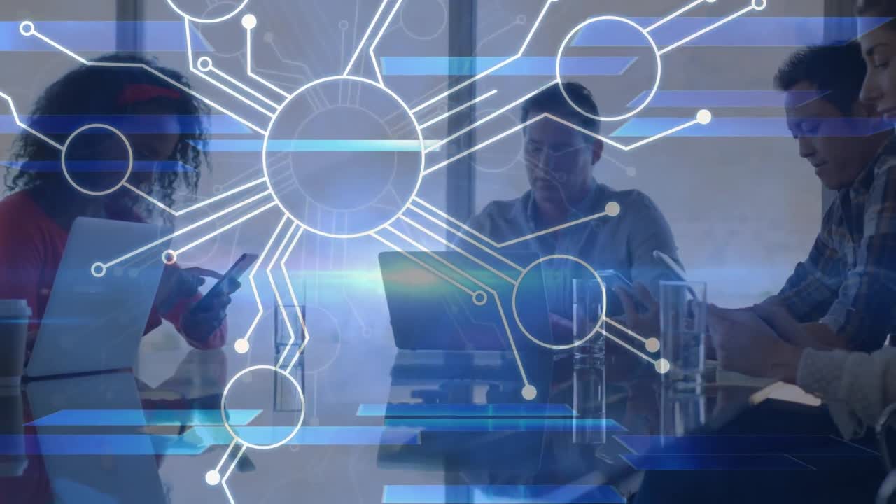 Animation of network of connections over diverse female and male coworkers in office