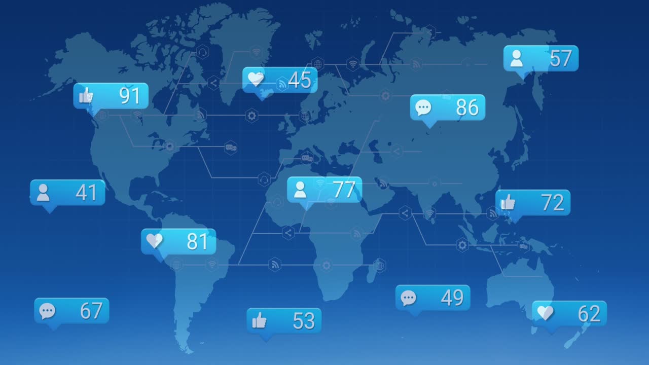 Animação de vários ícones de redes sociais com números crescentes sobre um mapa mundial em um plano de fundo azul