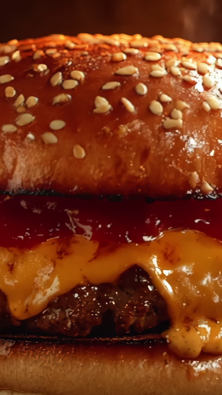 A burger with melted cheese and ketchup on it. The burger is on a wooden table with a fire in the background