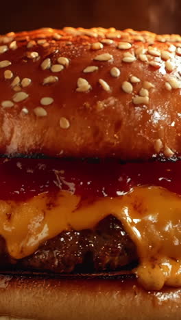 a burger with melted cheese and ketchup on it. the burger is on a wooden table with a fire in the background