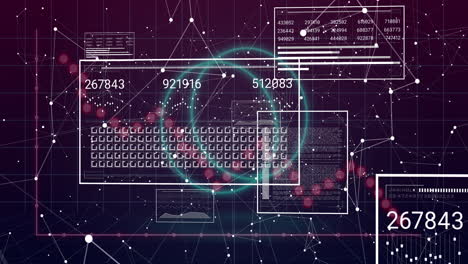 animation of interface with data processing and network of connections against purple background