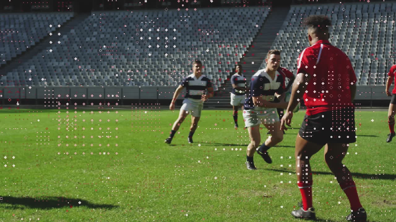 경기장에서 남성 럭비 선수들에 대한 스 ⁇ 의 애니메이션