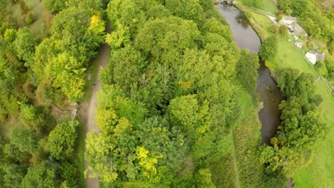 Vista-Aérea-De-Ciclistas-Que-Recorren-El-Bosque,-Bosques-Por-Viaducto-De-Lápida,-Puente-En-El-Parque-Nacional-Del-Distrito-Pico-De-Derbyshire,-Bakewell,-Comúnmente-Utilizado-Por-Ciclistas,-Excursionistas,-Popular-Entre-Los-Turistas