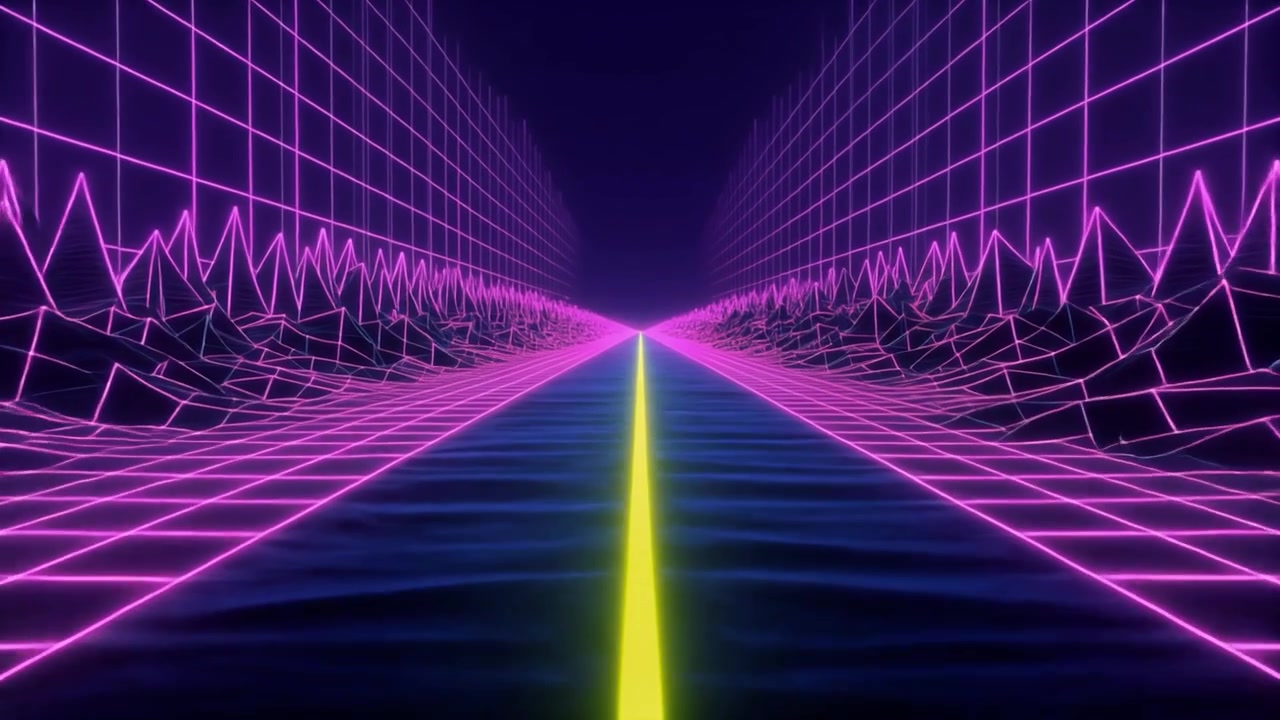 Paesaggio Digitale in Stile Retro Synthwave con Griglia al Neon Luminosa