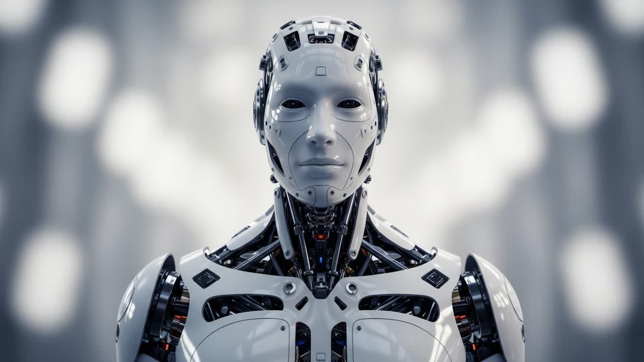 A futuristic humanoid robot stands poised, with intricate mechanical components visible. Its smooth, expressionless face highlights the blend of technology and art in robotics.