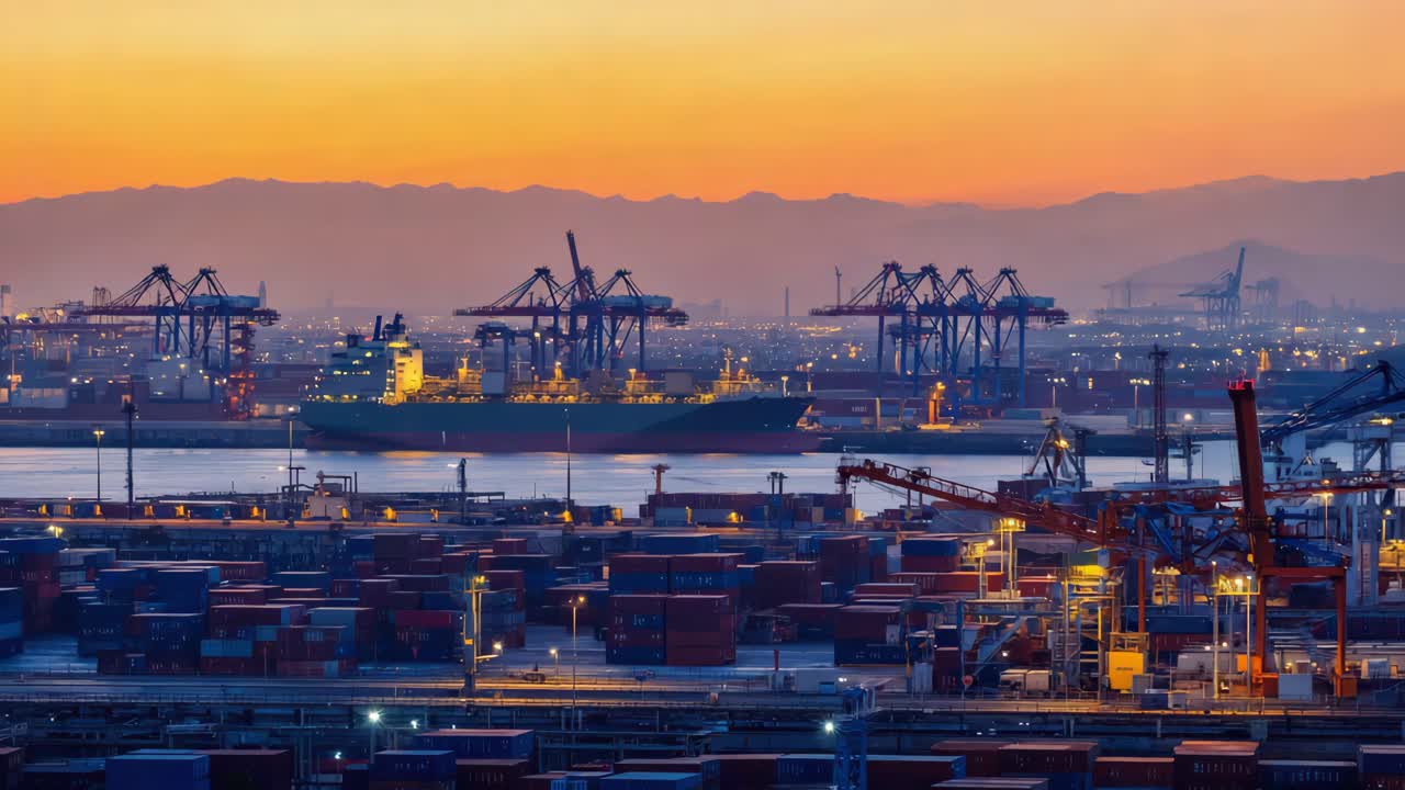 Port with cranes and cargo ship at sunset