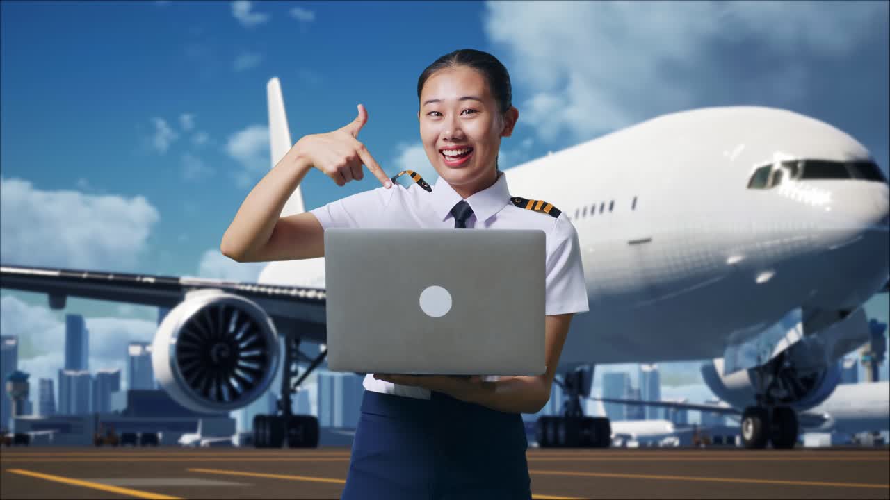 아시아 여성 조종사가 미소 짓고 손에 노트북을 가리키며 배경에 비행기가 있는 공항에 서 있습니다.