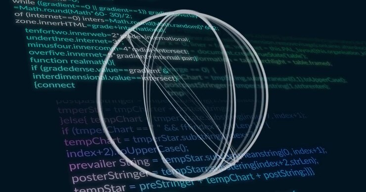 Initial circle initiating wireframe sphere rotating while code scrolling and updating code flow