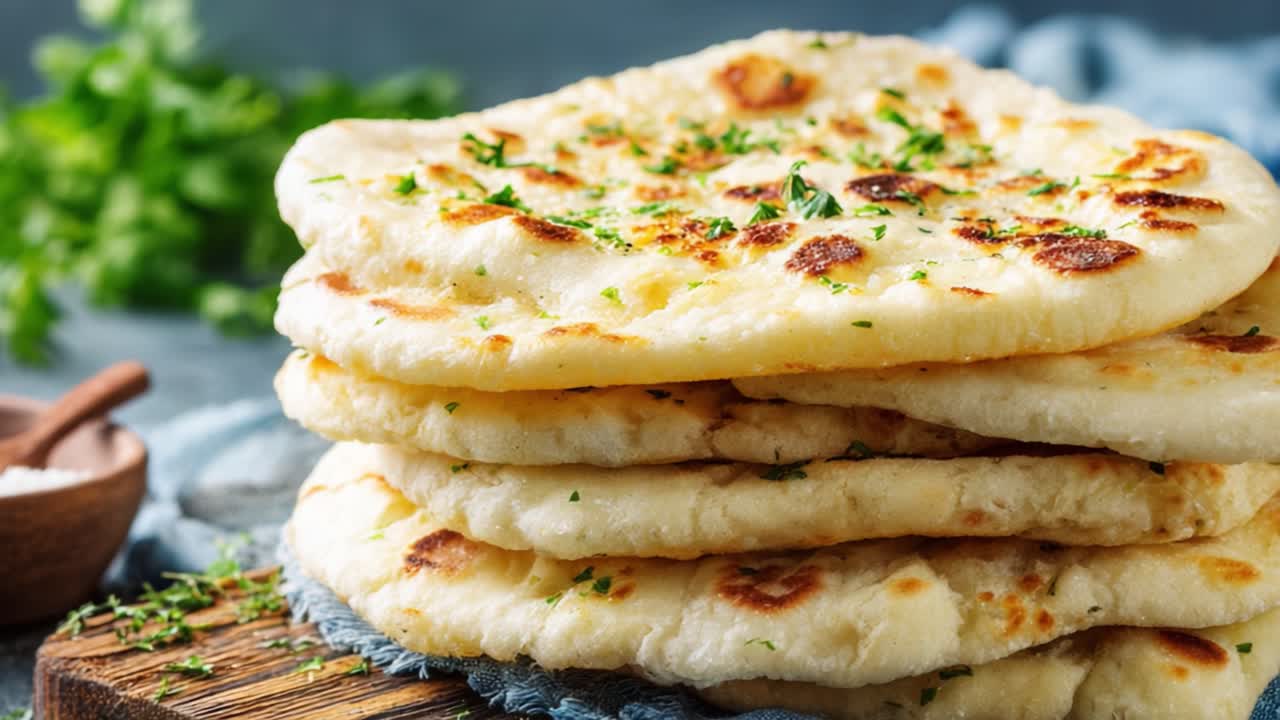 Deliciously Soft and Fluffy Flatbreads Stacked High, Garnished with Fresh Herbs, Perfect for Any Meal or Snack, Ready to Enjoy with Your Favorite Dishes
