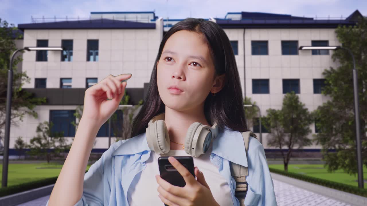 캠퍼스에서 스마트폰을 사용하는 십대 소녀