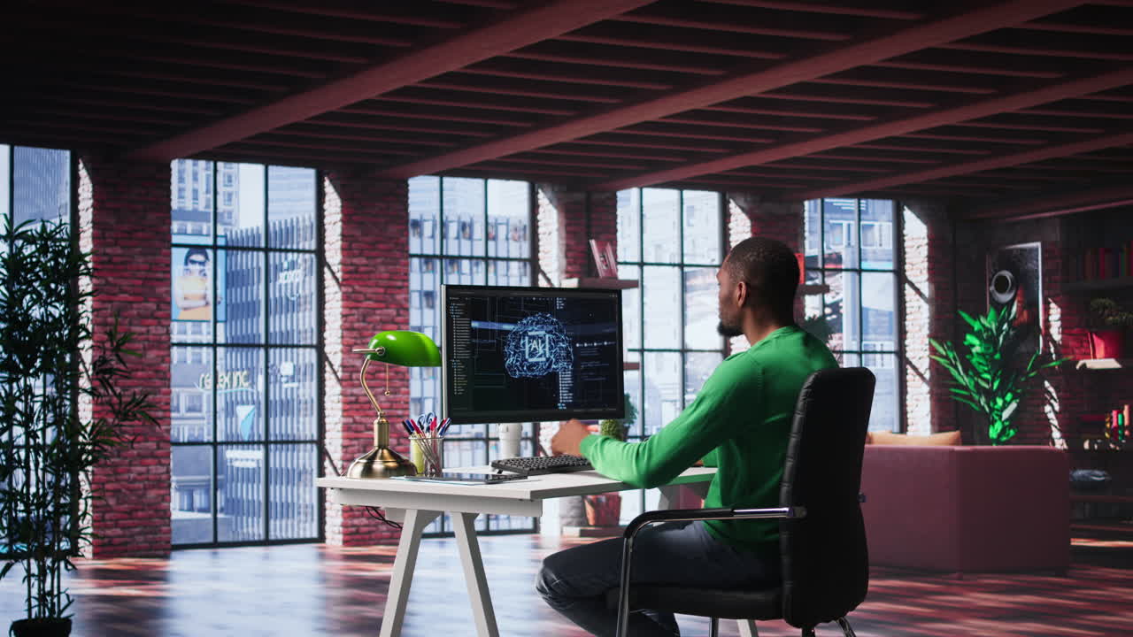 Vertical Video African american technician writes code on AI brain neural network