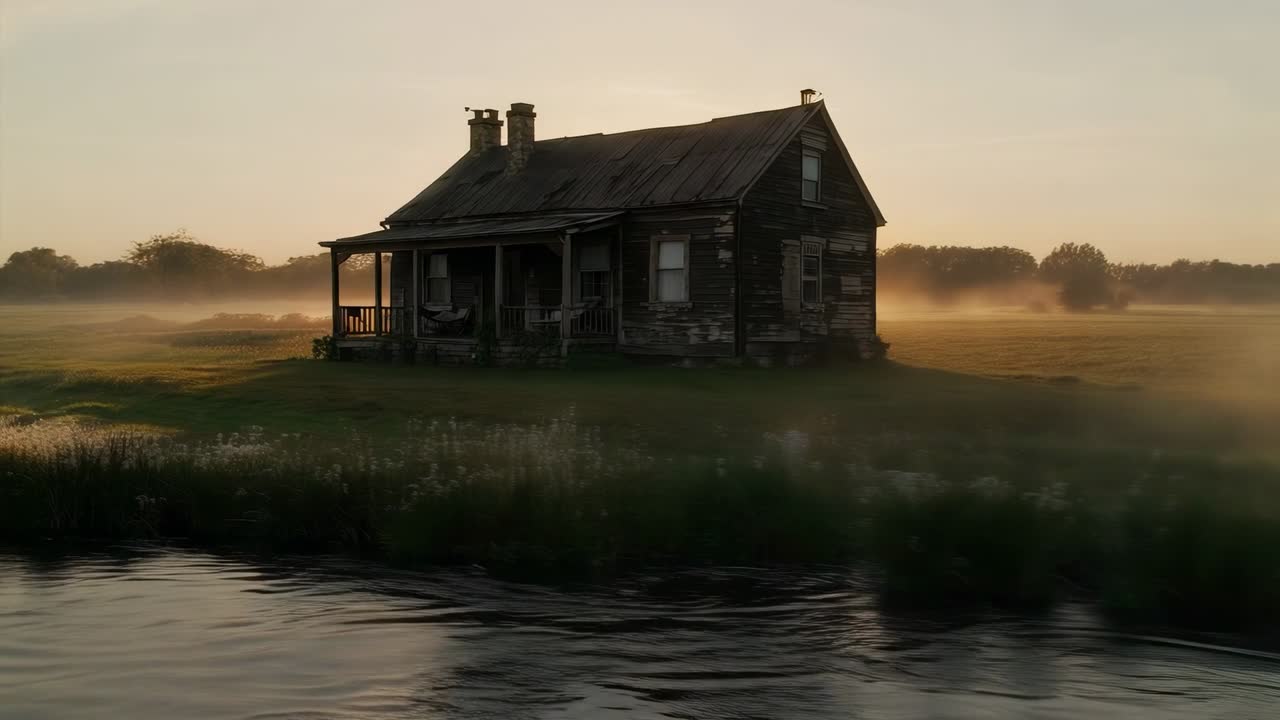 Rising sun lifting mist across marsh near weathered wooden farmhouse, lighting porch and chimneys