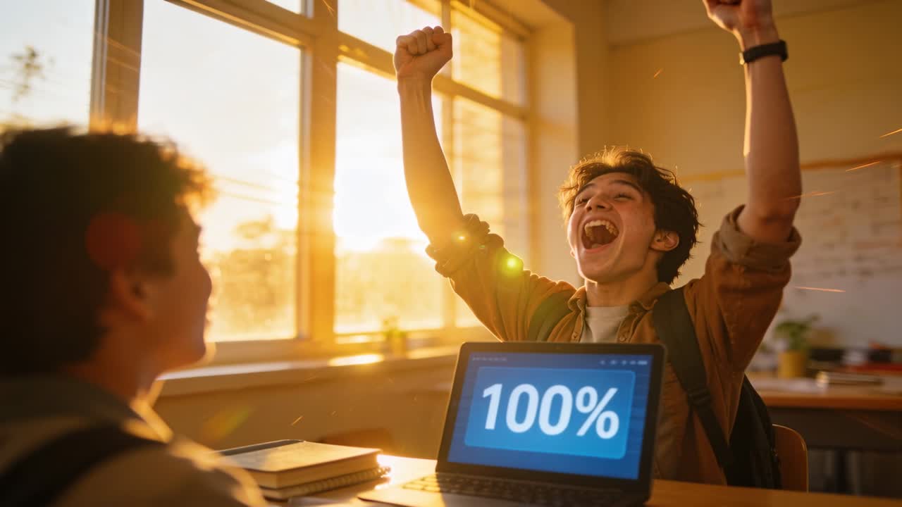 Adolescente maschio che esulta alzando le braccia in classe dopo che il laptop mostra il 100%, con le maniche arrotolate.
